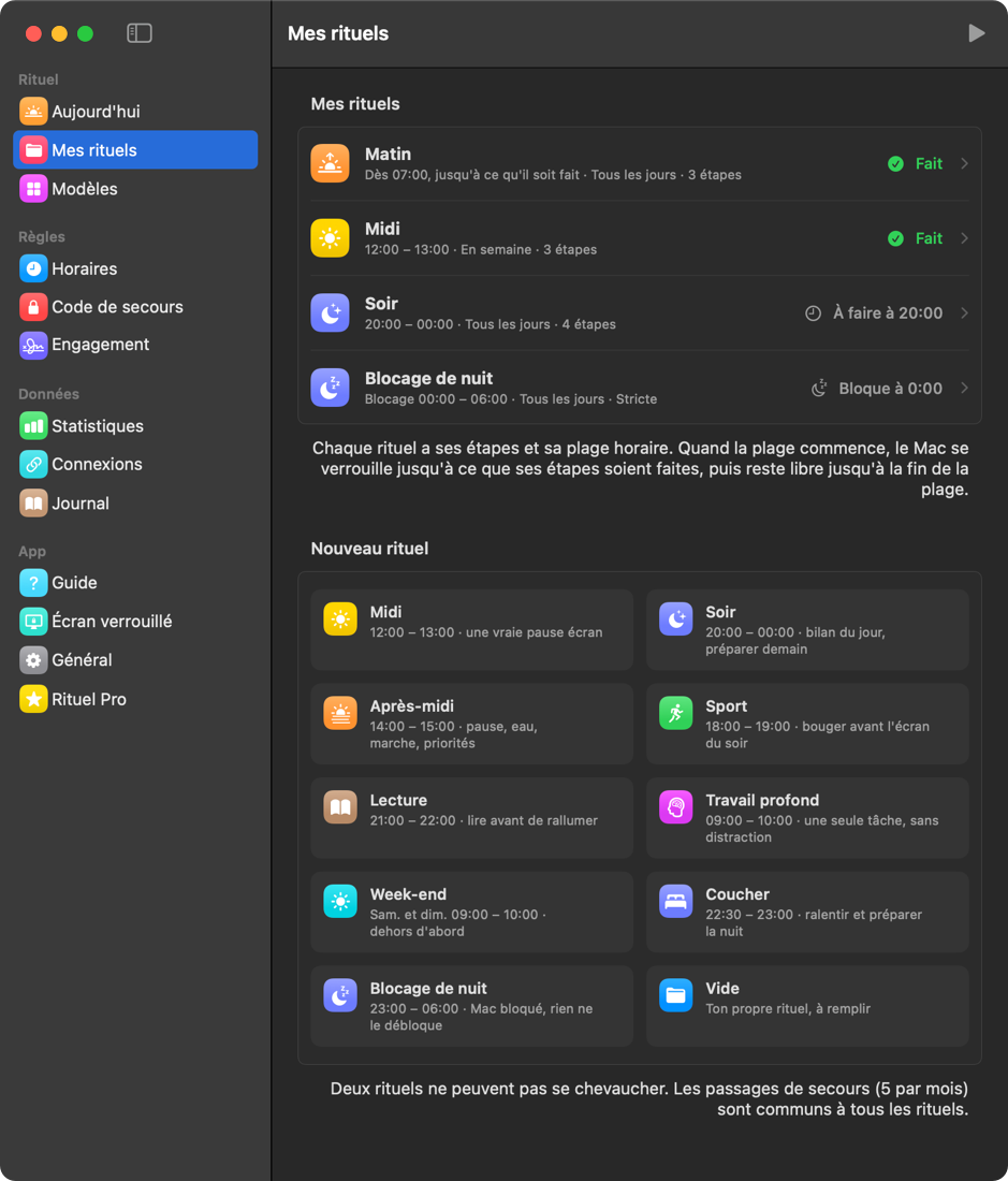 La page Mes rituels : Matin, Midi et Soir, chacun avec sa plage horaire et son état du jour